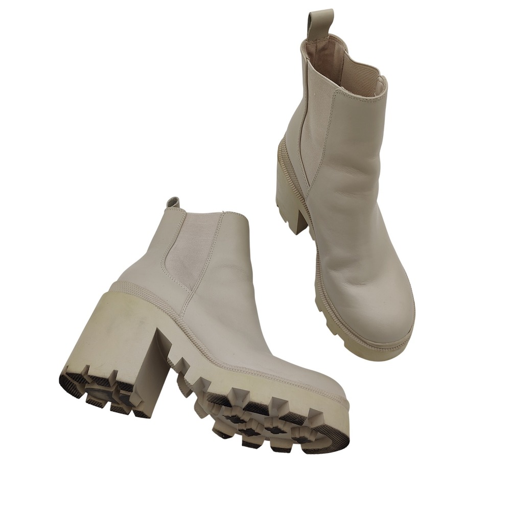 Steve Madden Womens Gorpcore Grunge Leather Roxie Boots 8.5 Bone Cream Lug Sole